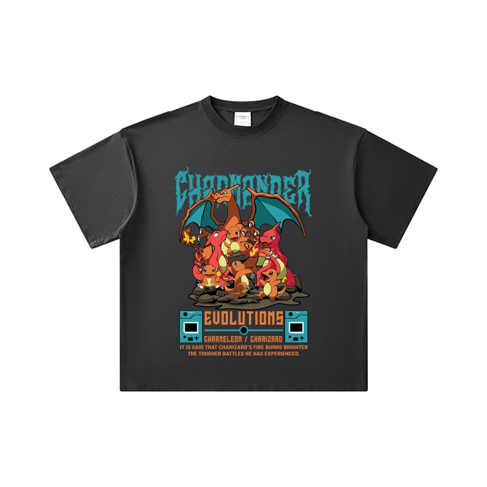 260 GSM Double Yarn 32 Count 100% Cotton Pokemon V6 Charmander Evolutions Print Unisex Heavy Cotton T Shirt