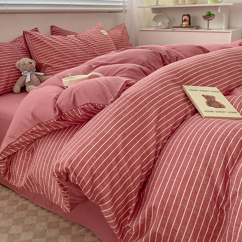Комплект постельного белья из чистого хлопка, четырехпредметный, простой клетчатый, хлопковые простыни, пододеяльник, полосатое постельное белье