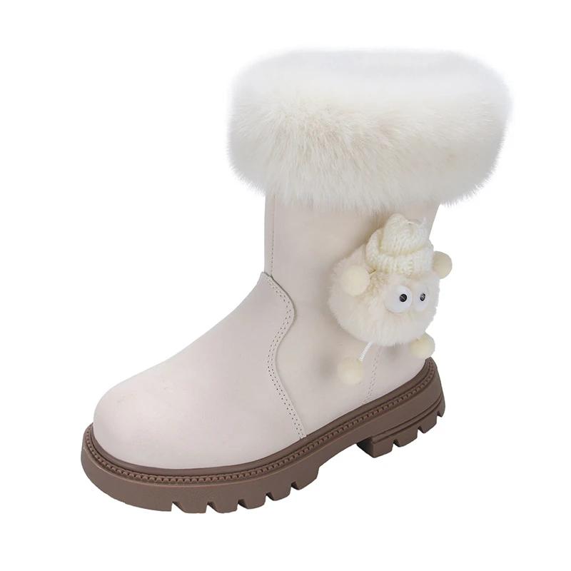 Модные ботинки для девочек 2024 Осень Зима Теплый Мех Толстый Плюшевый Пушистый Волосатый Шарик Милый Мультяшный Детские Термоботинки До середины икры Молния