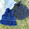Dog Denim Dresses for Small Medium Dogs Puppy Girl Clothes with Leash Ring Cute Bow Knot Cat Apparel with D-Ring Harness Skirt