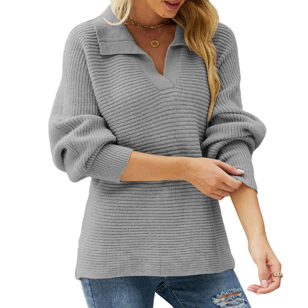 Women's Fashionable Round Neck Solid Color Knitted Sweater Pullover Sweater Long Sleeved Top