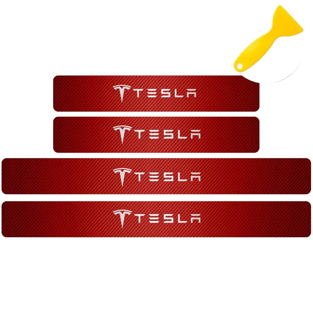 Car Sticker Tesla 4pcs Car Anti Scratch Scuff Carbon Fiber Door Threshold Stickers for Tesla Model 3 Model S X Model Y Roadster 