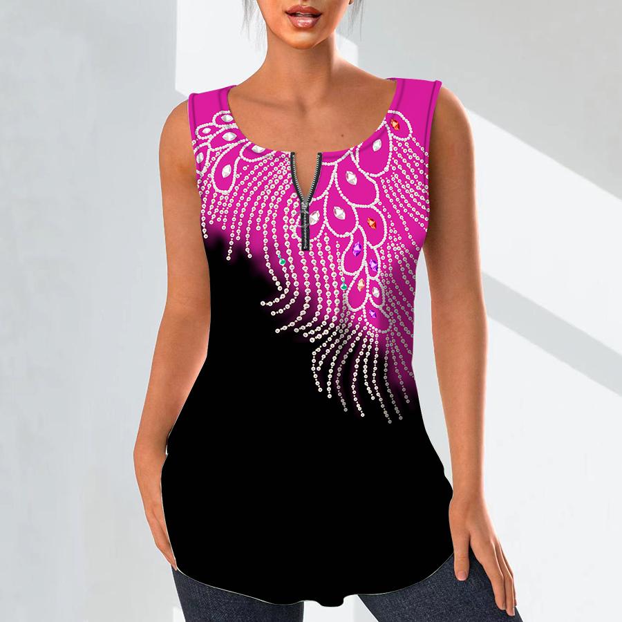 Women's Fashion V Neck Shirts Casual Tops T-shirt Ladies 3D Pearl Pendant Pattern Print Vest Plus Size Sleeveless Blouse Tank Tops