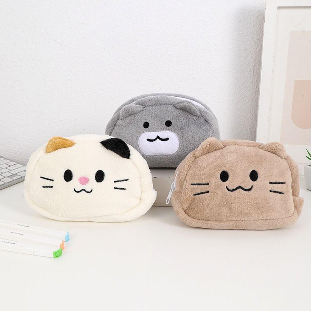 Zipper Plush Pencil Case Desk Organizer Cat Makeup Bag Smile Cat Pencil Bag  School Supplies