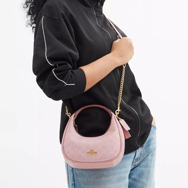 Coach Мини сумка-хобо с цепочкой из фирменного канваса, розовая, для женщин, для повседневного использования