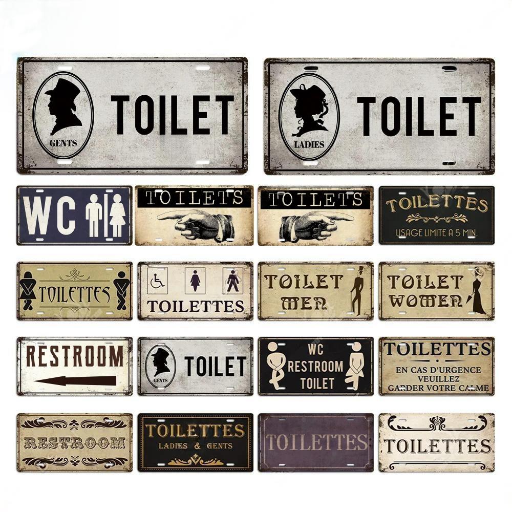 High Definition Metal Tin Sign Vintage Toilet Restroom License Plate Style Signs Set Retro Wall Art Decor for Home Bar Garage Ba