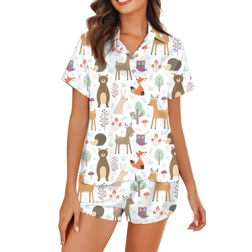 Женская шелковая пижама с пуговицами, домашняя одежда, принт со звездами, короткий рукав, атласный пижамный комплект из 2 предметов