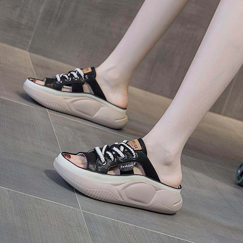 Шлепанцы из натуральной кожи Женские Ажурные Мюли Летние С открытым носком Дышащие Повседневные Туфли Клинья Платформа Кроссовки на шнуровке