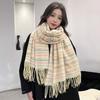 Contrast Color Dopamine Plaid Scarf Anti-cold Long Neckscarf with Tassel Knitted Wool Shawl  Couple