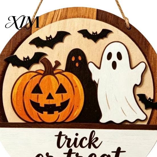 Trick or Treat Hanger Halloween Layered Round Door Hanger, 3D Pumpkin Ghost Owl Wood Welcome Sign, Decorative Festive Ornament Farmhouse Front