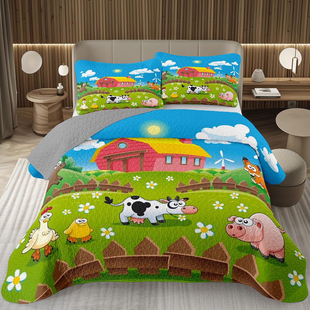 Funny Cartoon Animal Bedspread Queen/Full Kawaii Elephant Panda Coverlet Reversible Grey Quilted Bedding Set For Kids Teen Room