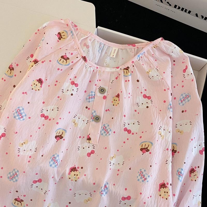 Женский набор пижамы с мультяшным принтом из облачного хлопка – с длинным рукавом, круглым вырезом, больших размеров, для ношения на улице