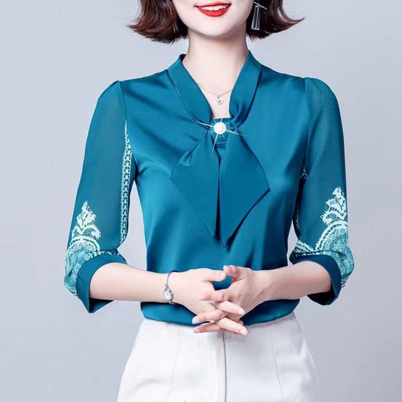 5XL Chiffon Shirt T-shirt Women's 3/4 Sleeve Bow Loose Fit Shirt Mom's Fashion Age Reducing Versatile Top