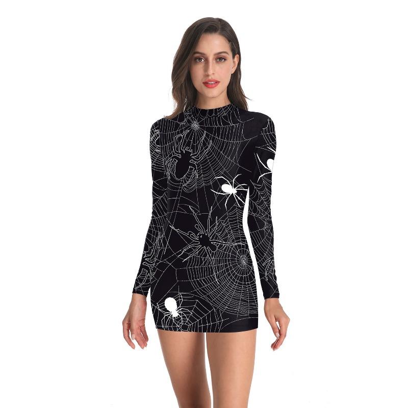 Hot-selling Halloween Women's Clothing, Spider Web Print Hip-wrapped Women's Long-sleeved Slim-fit Dress