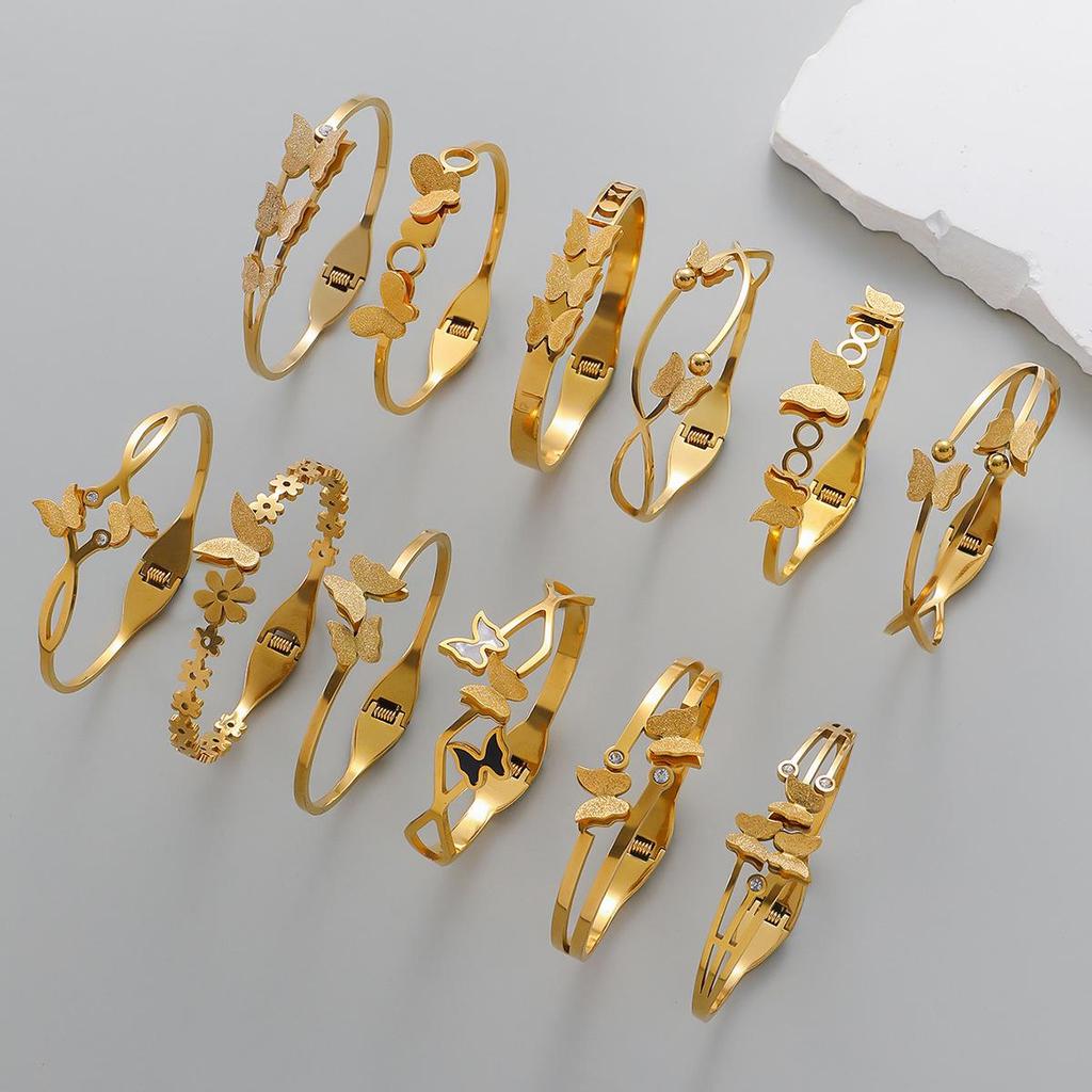 European-American Stainless Steel Butterfly Bracelet with Gold Edge - Fashionable Women's Openable Jewelry
