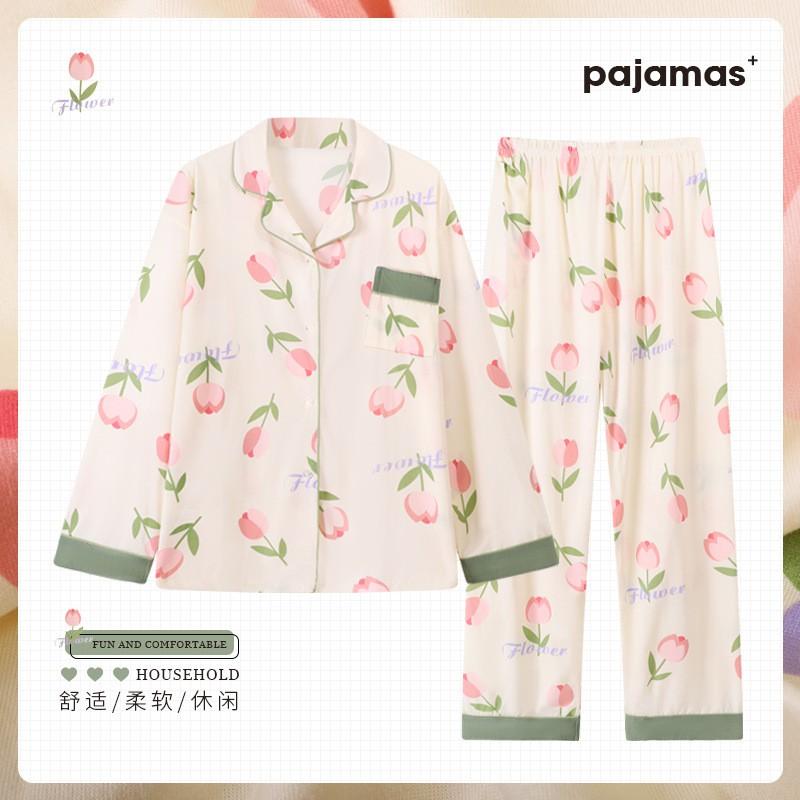 Middle-Aged Womens Floral Pajamas Set Long Sleeve Casual Loungewear Soft Sleepwear