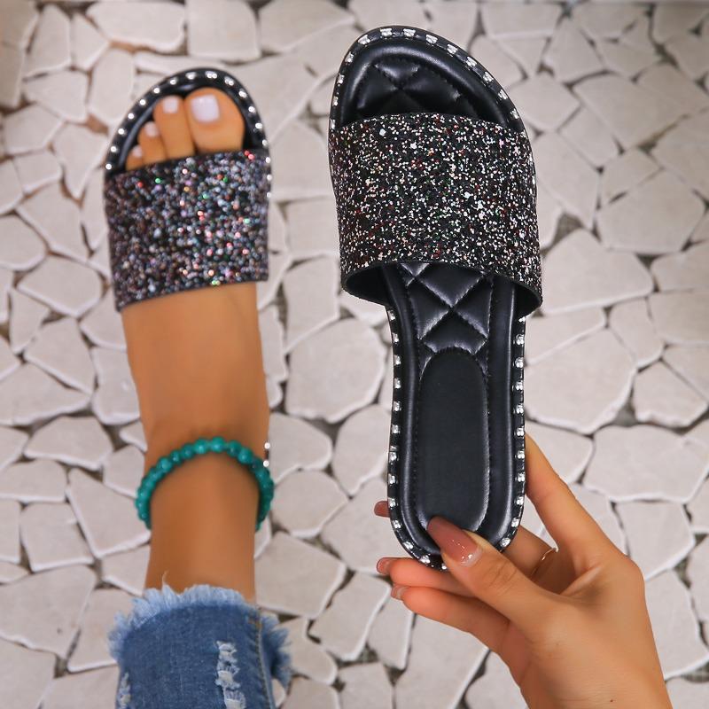 Женские шлепанцы с кристаллами, женские блестящие туфли на плоской подошве, женская модная уличная пляжная обувь, женская обувь, женские летние шлепанцы, большие размеры 36-43