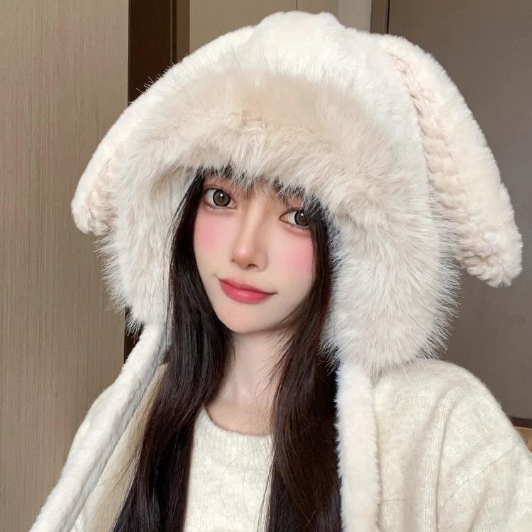 Women's Hat Furry Hat Female Winter Cute Plush Models Rabbit Ears Big Head Circumference Thickened Warm Knitted Wool Thunderbolt Hat