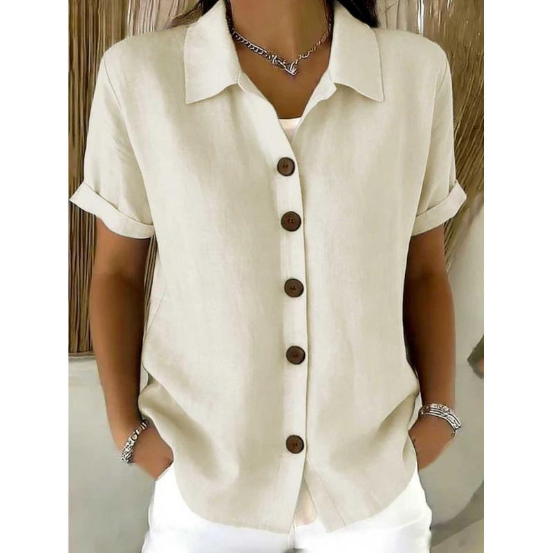 1116 European and American summer new casual and comfortable button-up cotton and linen women's short-sleeved shirt