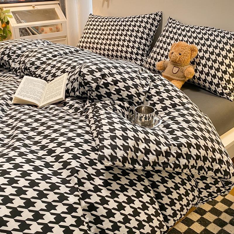 Простыня в клетку из четырех предметов и пододеяльник в японском стиле в скандинавском стиле, набор из трех предметов из стираного хлопка с начесом