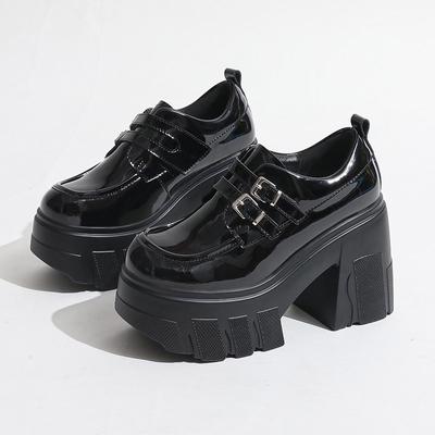 Весенние Новые Туфли на Грубом Каблуке Женские Круглый Носок Глубокий Вырез Металлическая Пряжка Водонепроницаемая Платформа Нескользящие Износостойкие Высокие Каблуки