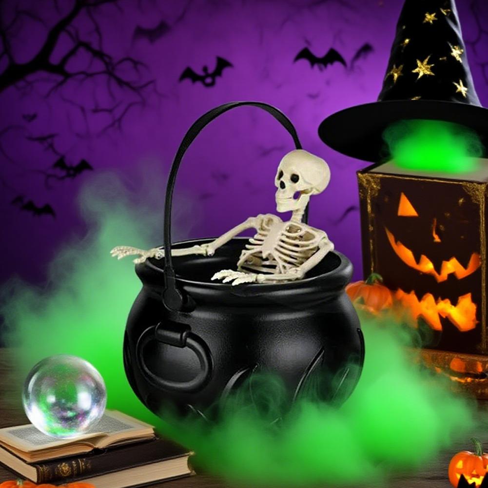 Spooky Witch Mist Maker Cauldron with Floating Bottle Plastic Cauldron & Skeleton Halloween Decor Cauldron Horror House Decor