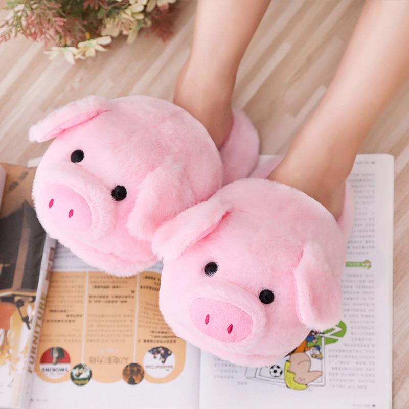 Women Pink Piggy Plush Slippers Indoor Floor Shoes Pig Cartoon Animals Winter Warm Anti-slip Slippers