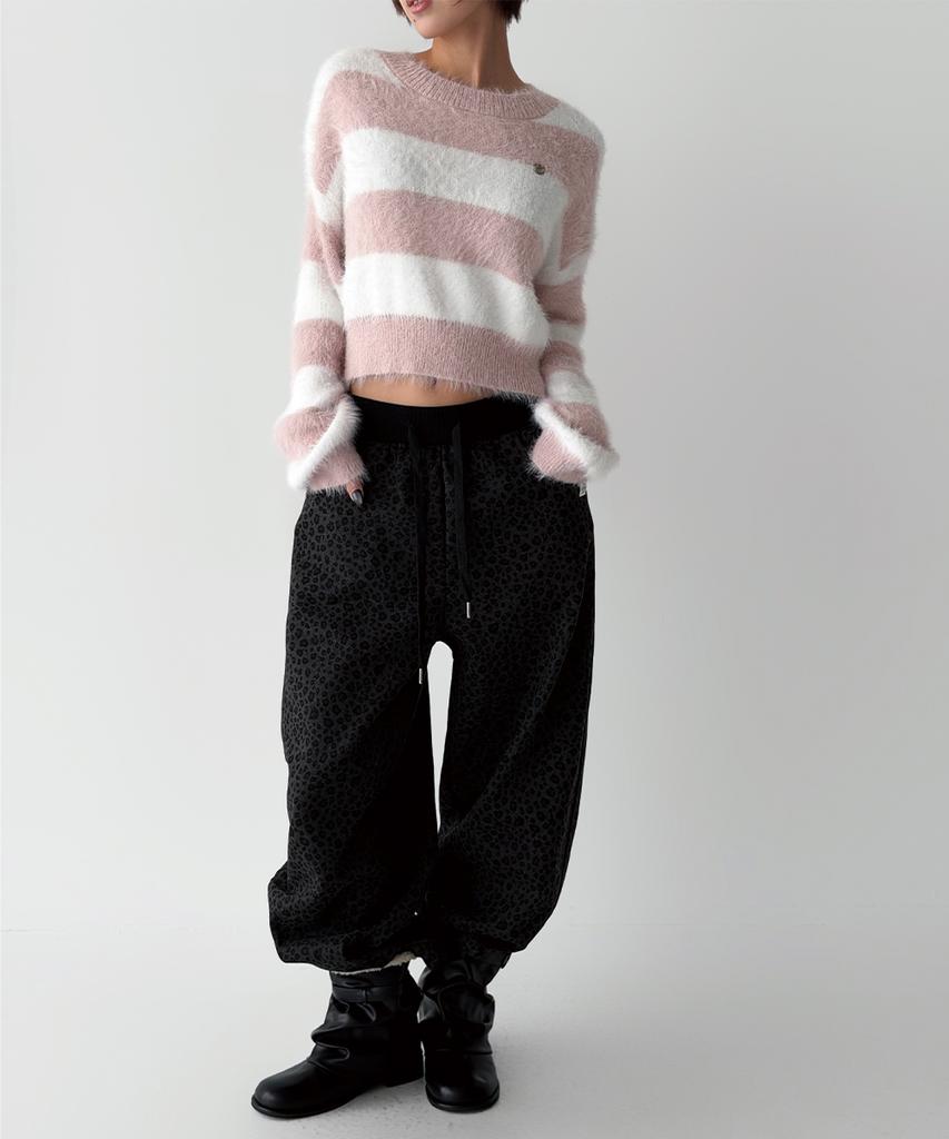THE GREEN LAB Hairy Block Stripe Crop Knit [Pink]
