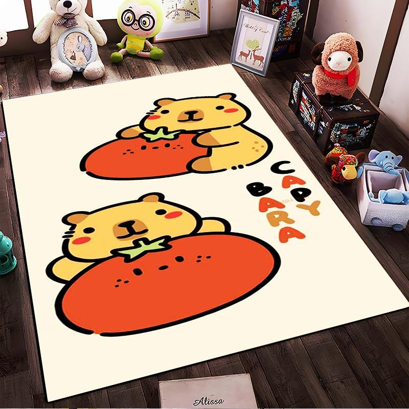 Cute Bear Carpet with Tomato Pattern, Beige Cartoon Floor Mat Decor Suitable for use as an anti-slip for living room bedroom sofas