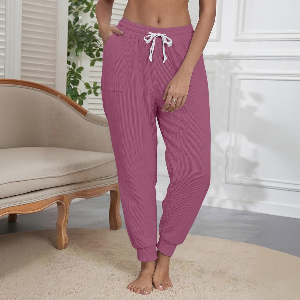 Women's Fashion Solid Color Elastic Waist Pocket Strap Foot Strap Casual Pants