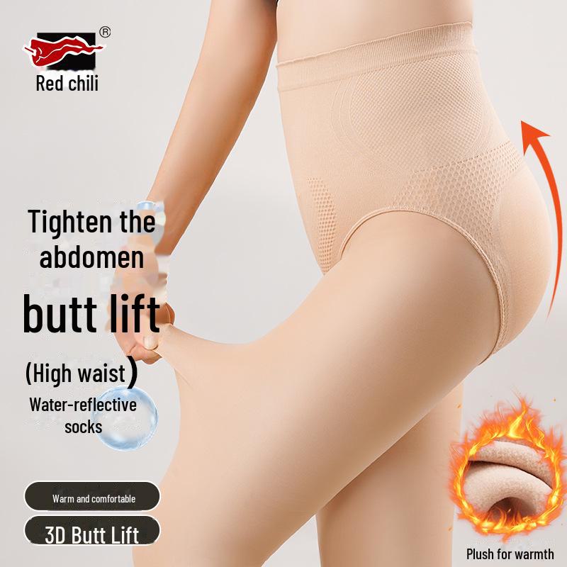 Red Pepper High-Waist Warm Velvet Leggings for Women - Nude Light-Sensitive Pantyhose for Autumn and Winter