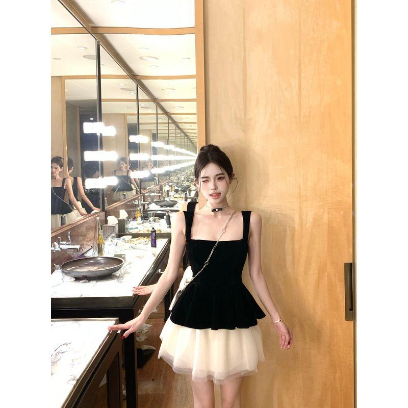 Kumikumi Fashion Set Black Square Collar Cami Women Summer High Waist Slimming Half-Length Two Piece Skirt