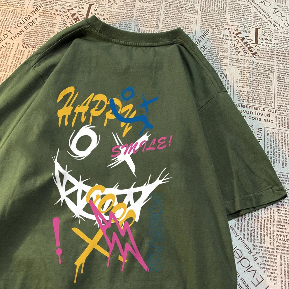 Happy Word Funny Forever Colorful Pattern T Shirt Men Casual Loose Summer Tops Casual Oversize T Shirt Cartoons Pattern Tshirt