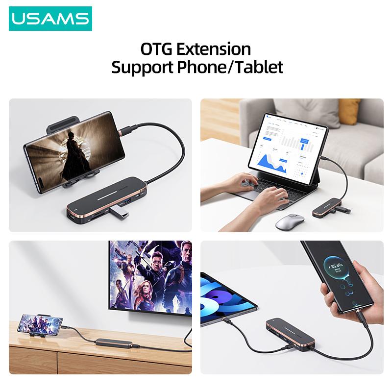 USAMS Концентратор 6 в 1 PD, 100 Вт, тип C, USB C-HDMI, совместимый 1,4, USB3.0, слот TF SD, концентратор, разветвитель док-станции, адаптер-концентратор 5 в 1 для ноутбука MacBook iPad