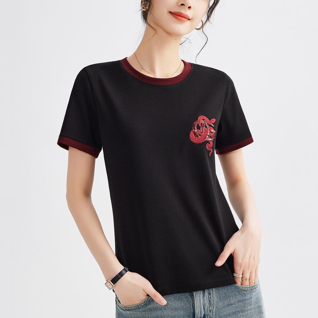 Женская вышивка мода контрастного цвета круглый вырез свободный тонкий Senior Sense короткий рукав топ