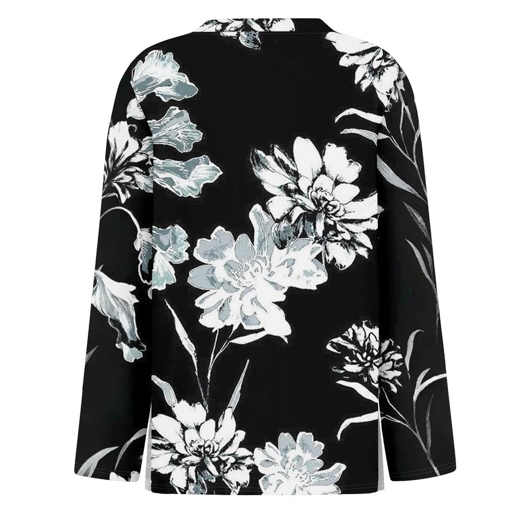 Women's Fashion Casual Slit Hem Round Neck Long Sleeve Loose Printed T-Shirt Ladies Top