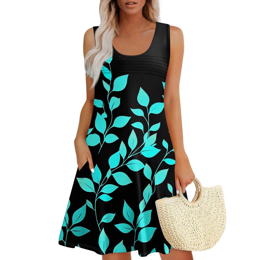 Womens Summer Dresses Loose U Neck Sleeveless Sundresses Dress With Pockets