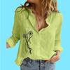 Women Fashion Cotton Linen Blouse Ladies Stand Collar Long Sleeve Top Casual Print Buttoned Shirt