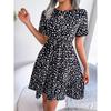 VEZFAA Women's Fashion Summer Spring Polka Dot Print Short Sleeve O-Neck High Waist Casual Dresses