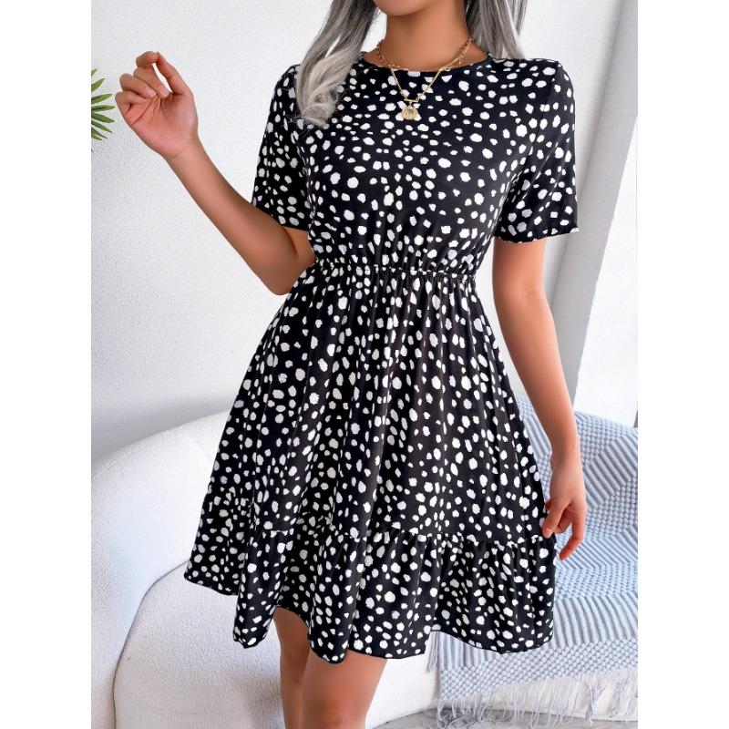 VEZFAA Women's Fashion Summer Spring Polka Dot Print Short Sleeve O-Neck High Waist Casual Dresses