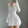 Sexy Ribbed Ruffle Edge U Neck A-Line Short Dress Women Flared Long Sleeves Solid Color Slim Fit Mini Dresses