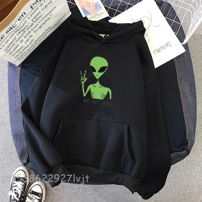 Alien WE OUT HERE Print Oversized Sweatshirt Women Kawaii Hoodies Clothes Hoody Jacket Long Sleeve Harajuku Aesthetic Tops Unisex Hoodie