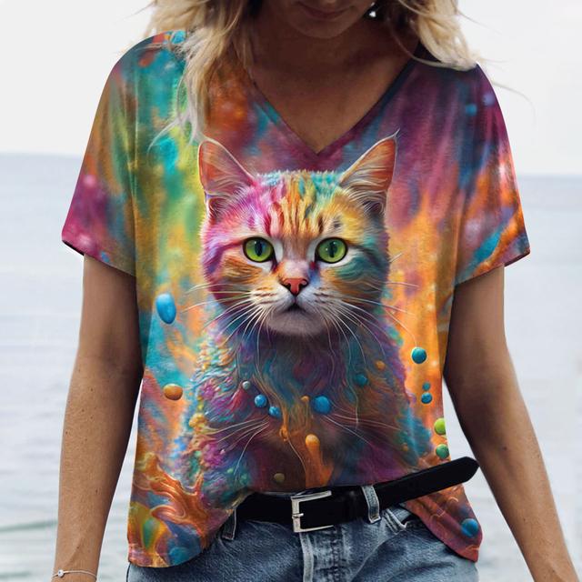 Women T-shirt Summer Cartoon Animal T-Shirt Women's Clothing Oversized Designer Short Sleeve V Neck Tee Blouse Fashion