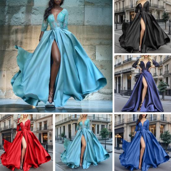 Sexy Deep V-Neck Maxi Dress for Women Sheer Lace Long Sleeve High Split Cocktail Party Dress Formal Evening Gown