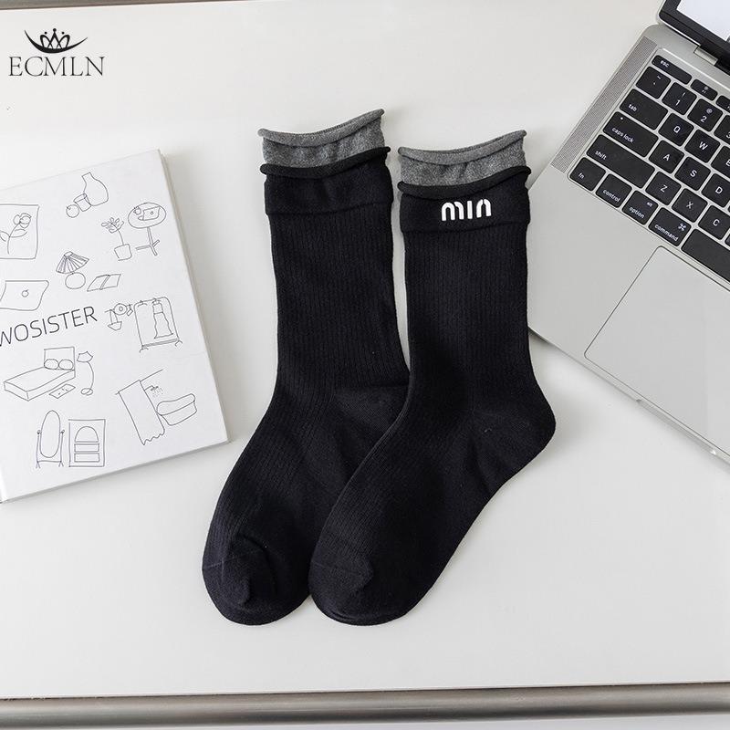 Ангоровые красные женские носки, модные носки средней длины с буквами, женские носки с цветными блоками и загнутыми краями