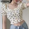 Женские летние короткие откровенные топы с дизайном, однобортные футболки с короткими рукавами и квадратным вырезом, кружевные футболки с объемными рукавами