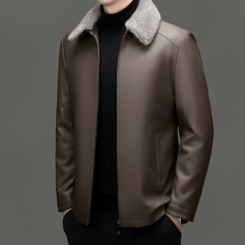 Leather Jacket Men's Genuine Leather Down Jacket Jacket Middle-aged and Elderly Dad Sheep Leather Jacket Winter Thickened Leather Top