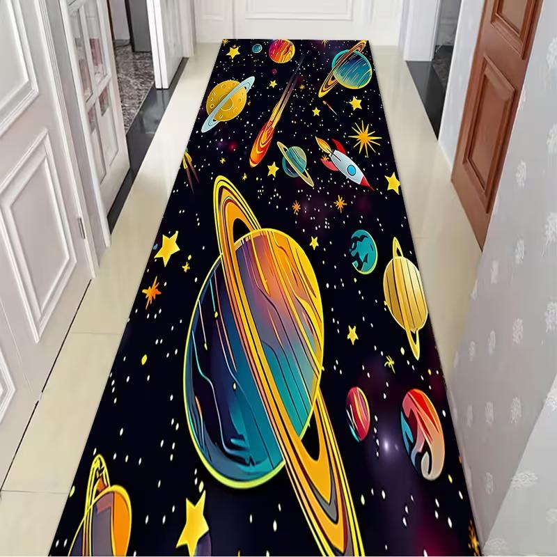 Solar System Galaxy Runner Rug Cute Cartoon Planets Design Soft Non-Slip Floor Mat Space Themed Decor Carpet for Kids Bedroom