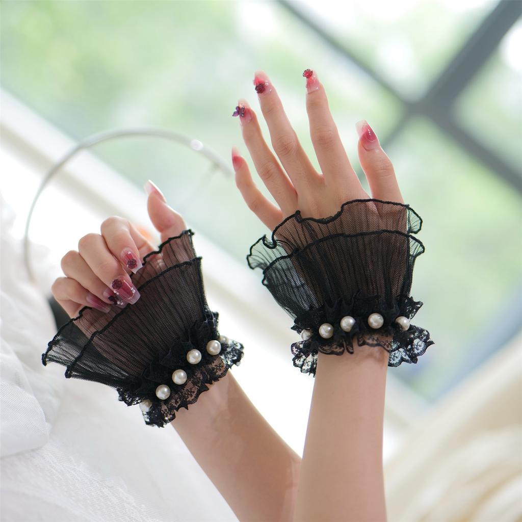 Elegant Pearl Decors Hand Sleeves Ruffle Lace Arm Sleeves Korean Wrist Cuffs For Weddings Parties And Photography