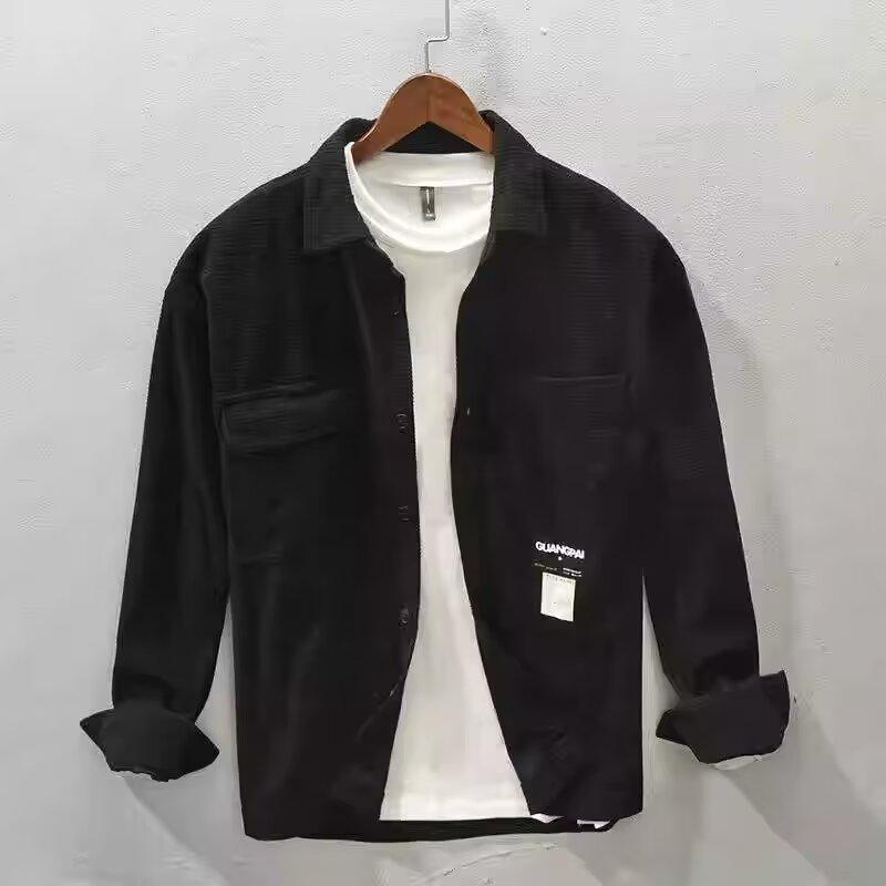 Men's Spring and Autumn Models Plus Size Solid Colour Thin Section of Corduroy Long-sleeved Lapel Shirt Jacket Buttons Section Outerwear